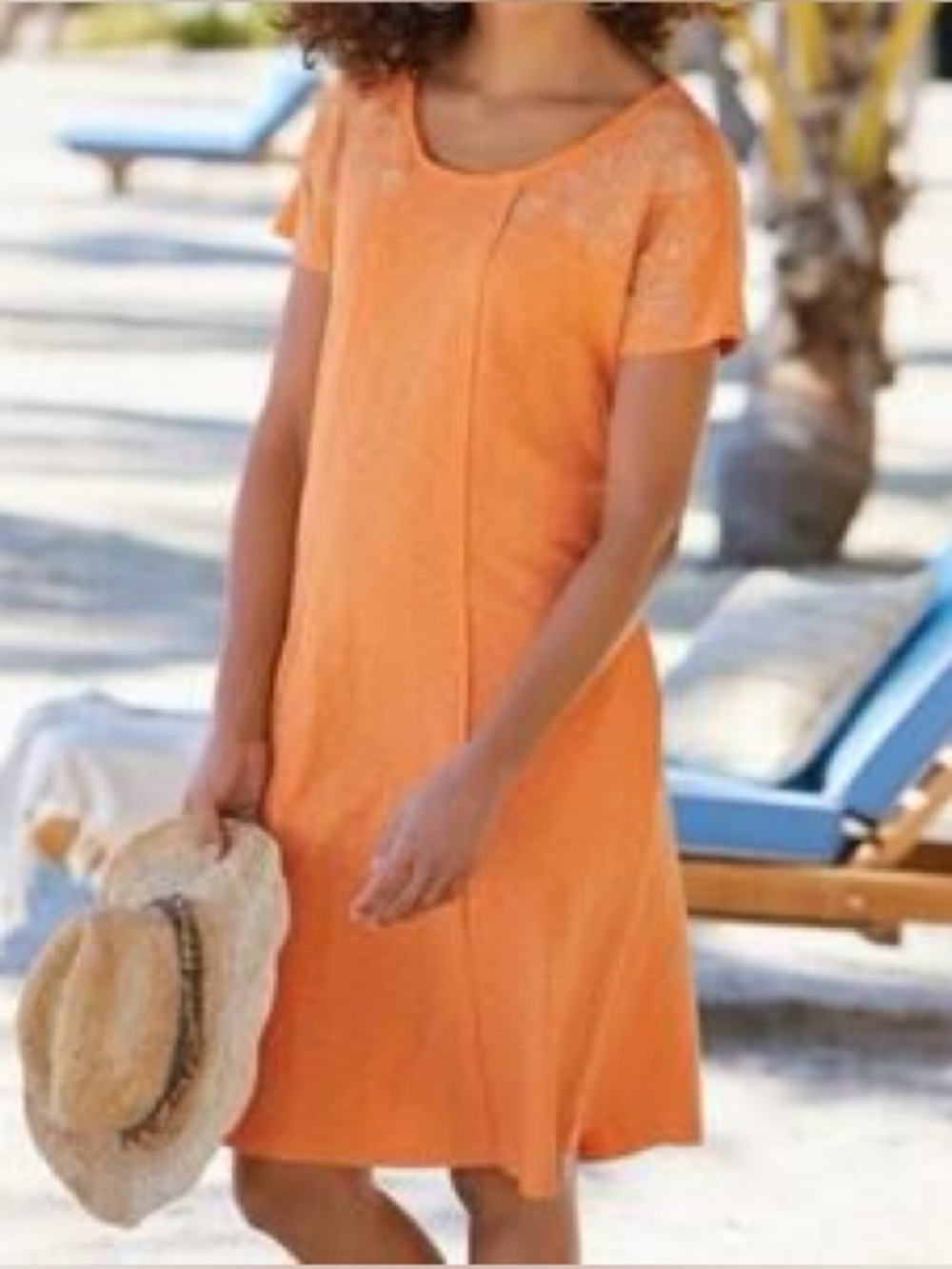 Soft Surroundings Orange Shift Dress Short Sleeve Embroidered Boho Cotton Large